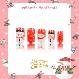 Christmas Press on Nails Medium Square French Tip Fake Nails Red False Nails with Designs Cute Snowmans & White Snowflake Glossy Glue on Nails Xmas Acrylic Nails for Women Girls 24 Pcs