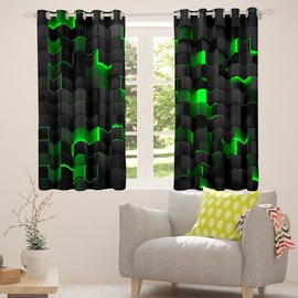 Black Green Curtains & Drapes 46x54 Geometric Check Grid Blackout Curtains For Bedroom Living Room,Stereoscopic Abstract Square Window Curtains Neon Plaid Curtains 2 Panels