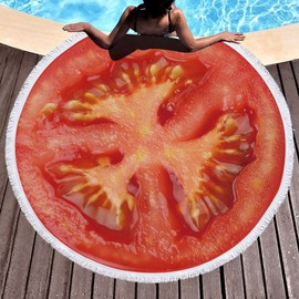 LIGUOGUO Oversize Fruit Round Beach Towel with Tassel Multi-Purpose Yoga Mat Kids Crawl Pads Towel Blanket Microfiber Circle Large Towel for Adults Teens - 59" (Tomato)