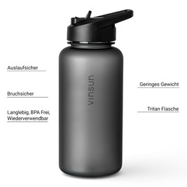 Vinsun Tritan Sports Bottle 1L with Straw Lid - Leak-Proof, BPA-Free - Black Water Bottle for Children and Adults - Water Bottle for Sports, Hiking, Work