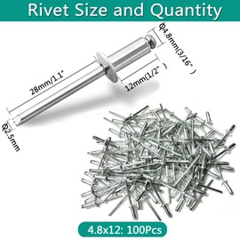 SYJINHUASY 100pcs Stck Alu Blindnieten Sortiment Popnieten,Pop Nieten Stahlniete,Silber Aluminium Blindnieten (Silver, 4.8x12)