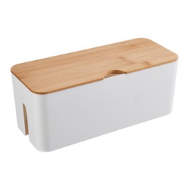 Cable Box with Bamboo Lid, Cable Management Organiser, Storage Box for Hiding Cables, Organising, Computer Wiring, 32 x 13.5 x 12.5 cm, White