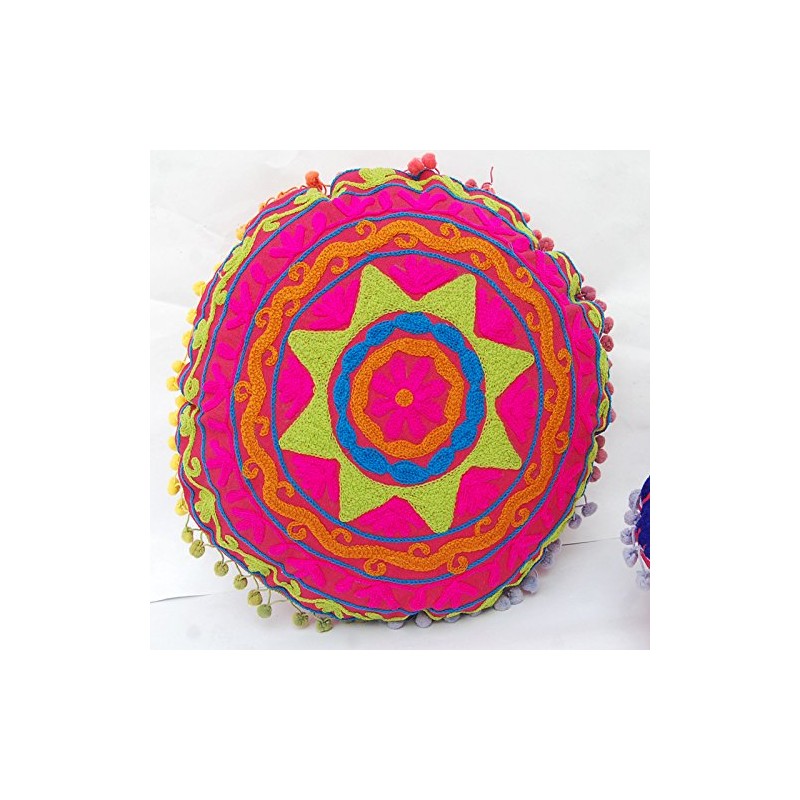 Traditional Jaipur Bohemian Throw Round Suzani Cushion, Embroidered Pillowcovers 16",