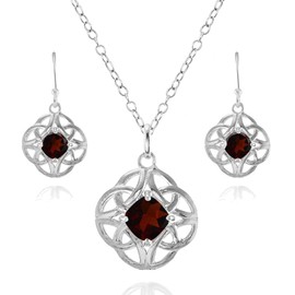 Ice Gems Sterling Silver Garnet Cushion-Cut Celtic Knot Pendant Necklace and Dangle Earrings Set