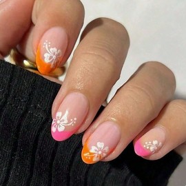 French Tip Press on Nails Short Almond Flower False Nails Summer Fake Nails with Blossom Design Orange Pink French Tip Nail Tips Oval Glossy Reusable Acrylic Artificial Nails for Women DIY Manicure
