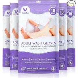 Medcosa Adult Washcloths - Unique Disposable Body Wipes Shaped Like a Glove - Unscented, Premoistened Wet Wipes - 5 Pack (50 Wash Cloths)