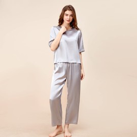 THXSILK Silk Women's Pajama Set 2 Pack, 6A Medium Size 100% Pure Mulberry Silk Soft Luxury Round Neck Short Sleeve Nightwear with Long Pants, Grey
