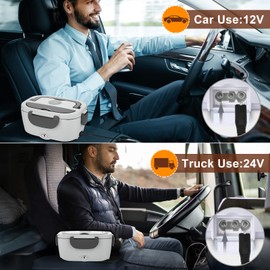 Akhia Electric Lunch Box for Adults, 80W/1.5L Heated Lunch Box for Men Work Car Truck, Portable Food Warmer Lunch Box Upgraded with Fork&Spoon and Insulated Carry Bag, 12V/24V/110V