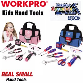 WORKPRO Kid Real Hand Tool Set Junior Tool Kit Storage Bag Children DIY Building - Blue&Pink