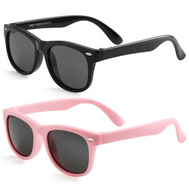 Kursan Kids Polarized Sunglasses for Boys Girls TPEE Rubber Flexible Frame Shades Age 3-10 (Bright Black + All Pink)