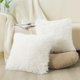 ROZTYLJ Faux Fur Cushion Covers for Livingroom Sofa Bedroom Soft Decorative Square Cute Fluffy Throw Pillow Case 16 x 16 Inch 40x40cm White Pack of 2