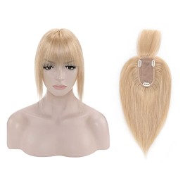 MY-LADY Hair Toppers for Women Real Human Hair, Human Hair Toppers with Bangs for Women, 5.1"*2.7" Silk Base Hair Toppers for Women with Thinning Hair 6 Inch Natural Blonde