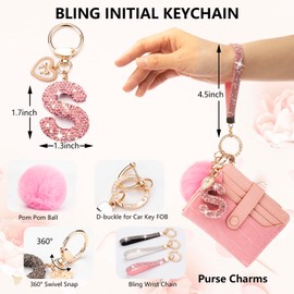 Cute Car keychain for Women Bling Rhinestone Sparkly Keychain Accessories Wrist Lanyard for Keys Car Bag Backpack Purse Charms Pom Pom Key Chains Wristlet Keychains (O keychain pink)