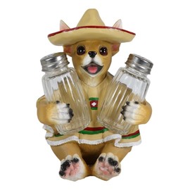Ebros Gift Mexican Taco Aye Chihuahua Dog With Sombrero Hat And Traditional Serape Salt Pepper Shakers Holder Figurine Set 7"H Chi Chi Adorable Pet Pal Dogs Animal