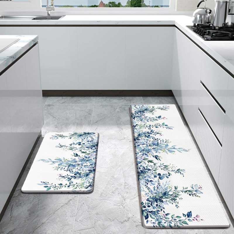 Bulijojo Blue Leaves Anti Fatigue Kitchen Floor Mats Set of