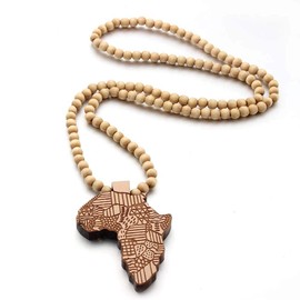 COLORFUL BLING Multicolor 8MM Wooden Bead Chain African Hip-hop Africa Map Pendant Necklace for Men Natural Wood Jewelry-beige