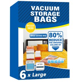 Vacuum Storage Bags - 6 Pack 80X60cm Large Reusable Space Saver Seal Bags for Travel, Compression Double Zipper Vacuum Storage Bags for Clothes, Beddings, Pillows, Duvets