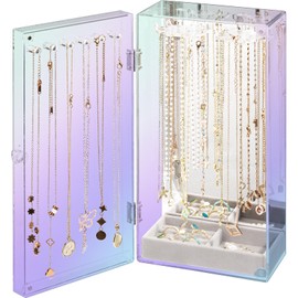 Lolalet Necklace Holder Organizer, Acrylic Jewelry Organizer with 24 Hooks, Rotating Clear Necklaces Display Box with Built-in Mirror, Dust-proof Jewelry Storage Case with Velvet Tray -Lasermirror