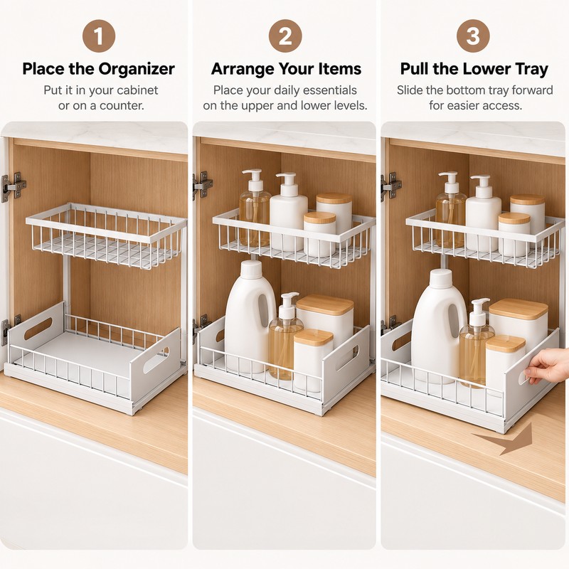 2-Tier Under Sink Organizer for Cabinet Storage – Metal Pull-Out