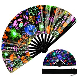 TRENDBOX Large Folding Hand Fan, UV Glow Fan for Rave, Festival Folding Hand Fan for Women Men with Velvet Bag for Decorations, Party, Dance and Music Festival - Rose