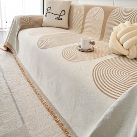 NYSMXF Boho Sofa Cover for 2 Cushion Couch – Plush Chenille Fabric,Washable, Cat ProofPet Protector for Sectional & Loveseat (Annual Ring: Khaki, Large:71"x 118")