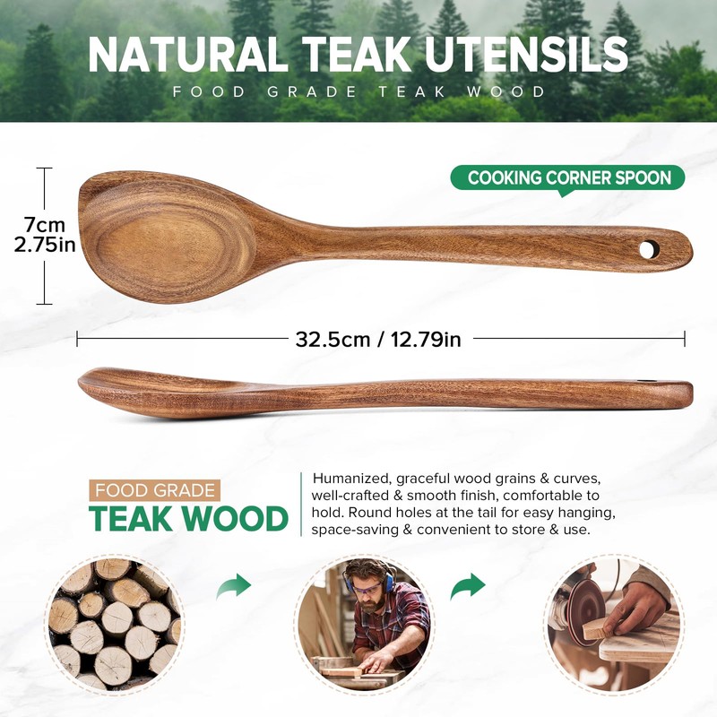 Wooden Spoons for Cooking, Long Handle Teak Wooden Corner Serving