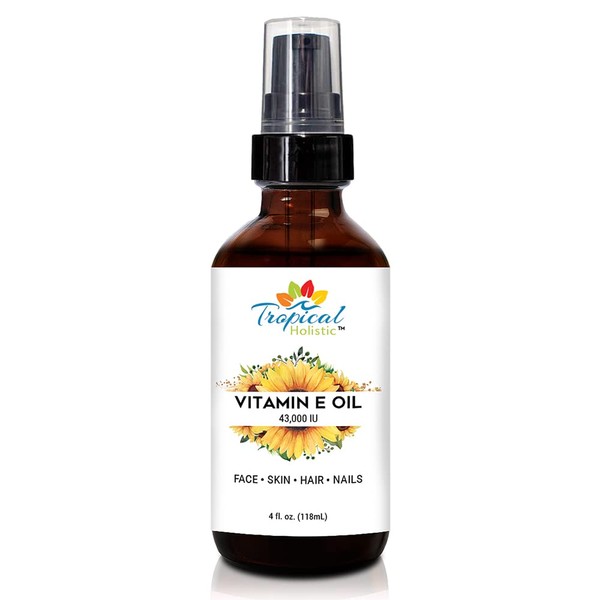 Tropical Holistic 100% Pure Organic Vitamin E Oil Serum 4 fl oz - 43,0000 IU, Plant Based Natural Face Moisturizer For Skin, Scars, Nails, Acne, Hair Growth, Wrinkles, Dark Spots