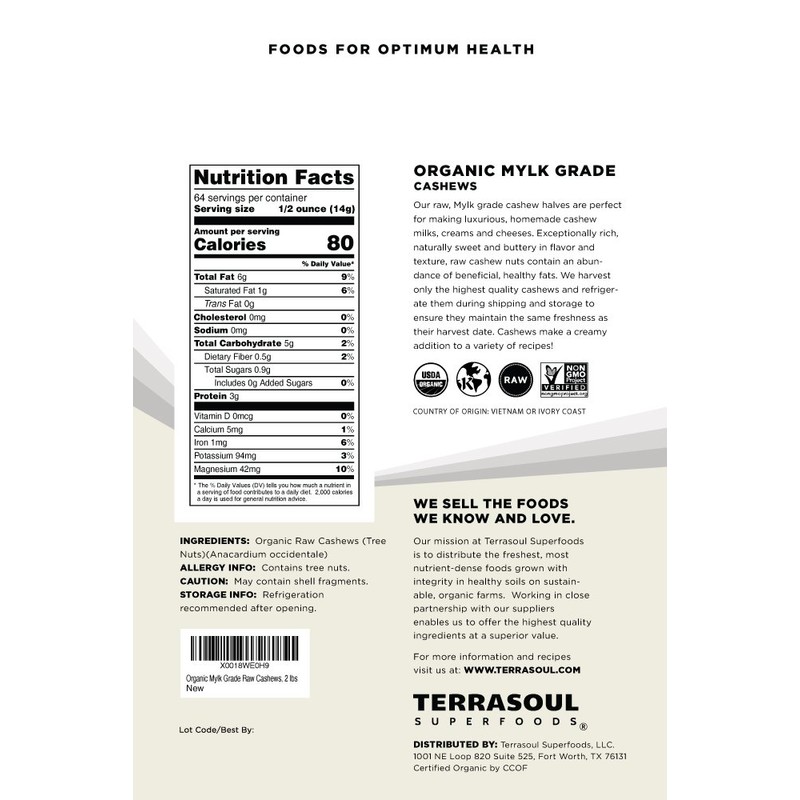Terrasoul Superfoods Organic Raw Cashews (Mylk Grade), 4 Lbs (Pack