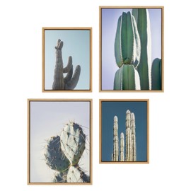 Kate and Laurel Sylvie Cactus Sky, Pastel Cactus, Stand Tall Cactus and Arizona Pastel Cactus Framed Canvas Wall Art Set by Stephanie Klatt, 4 Piece Set Natural, Desert Cactus Art Set for Wall