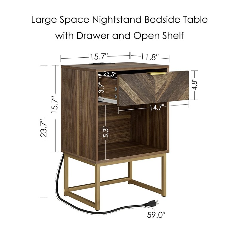 Masupu Nightstand with Charging Station,Modern Night Stand Boho Farmhouse Wood