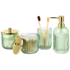 Bathroom Accessories Set,4 Pcs Green Glass Bathroom Accessories Set with Toothbrush Holder,Lotion Soap Dispenser,2 Qtip Holder Dispensers - Countertop Organizer for Modern Bathroom Decor - Green