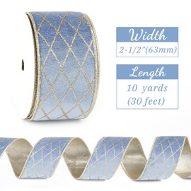 Mayreel Dusty Blue and Gold Christmas Tree Ribbon 2.5 Inch, Metallic Diamond Glitter Velvet Wired Edge Lattice Ribbon for Gift Wrapping, Floral Craft, Bows, Wreaths, Garland, Holiday Decor,10 Yards