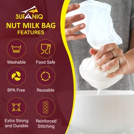 SUFANIQ Nylon Nut Milk Bag - 2 Bags (12 x 12 Inches) 100% Pure Nylon Bag for Straining, Premium Quality Nut Milk Bag Reusable, Nut Bag Strainer for Almond, Soy, Oat Milk, Juices, Cheese Making