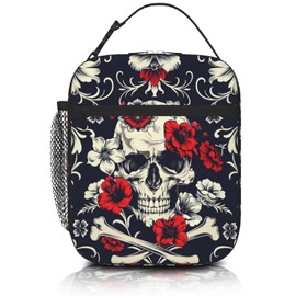 SENROLAN Skull Lunch Box for Kids Adult Flower Skull Lunch Bag for Boys & Girls Insulated Portable Reusable Lunch Tote Kit Waterproof Cooler Bag for Students School Women Picnic Office Travel Working