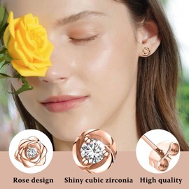 Stud Earrings for Women,Flower Cubic Zirconia Hypoallergenic Helix Cartilage Earrings,Small Rose Flower Earrings,Dainty Earrings Jewellery Gifts for Girls(Rose Gold)