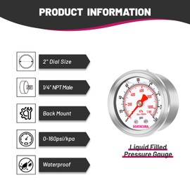 GOATACURA 0-160psi/kpa Glycerin Filled Pressure Gauge, 2" Dial Size, 304 Stainless Steel Case, 1/4" NPT Center Back Mount, with High Accuracy, for Measuring Water Air Hydraulic Pressure