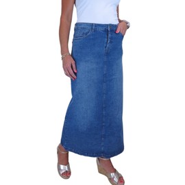 Women's Maxi Long Jeans Skirt Very Stretchy Denim 36-48, Faded Mid Blue