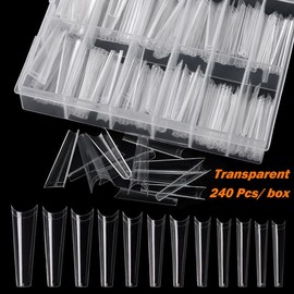 AKOAK 240 Pieces Clear Coffin Nail Tip, Half Cover Acrylic Nail Professional Coffin Nail Tip, Ballet Dancer Coffin Fake Nail Salon and Home DIY Nail Art, 12 Sizes