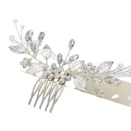 Braut Hochzeit Haarkamm Kristall Haarschmuck, Blumen-Hochzeits-Haarkamm, Silberfarbene Perlen, für Frauen und Mädchen, Silber