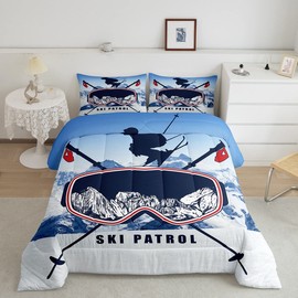 Skiing Comforter Set Queen Size, Winter Fashion Ski Sport Down Comforter, Snow Mountain Pattern Bedding Comforter for Kids Girl Boy, Soft Microfiber Quilted Duvet Natural Scenery Bedroom Decor