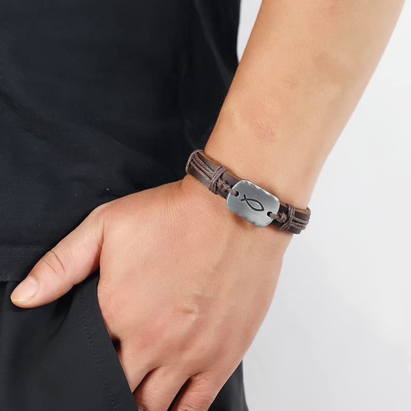 Caiyao Sign of The Fish Men's Leather Wrap Bracelet Retro