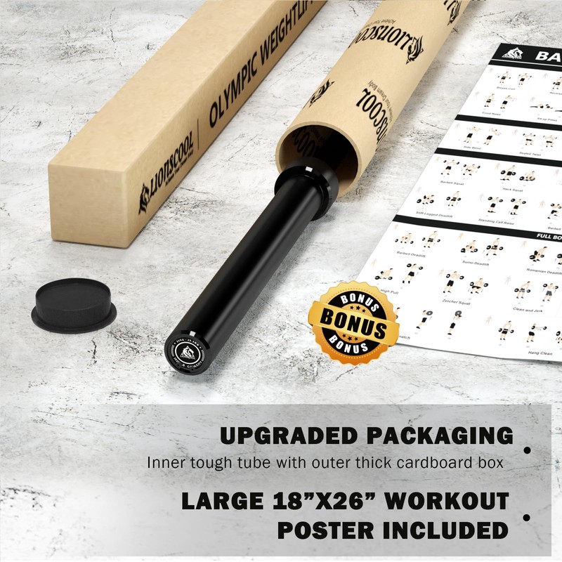 LIONSCOOL 7ft Olympic Barbell (Black E-coating, 1500LBS, No Center Knurl)