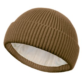 PHILIGHTS Swag Short Fisherman Beanie for Men Women, Wool Knit Cuffed Fleece Lined Trawler Beanies Winter Warm Hat Skull Cap，Light Coffee