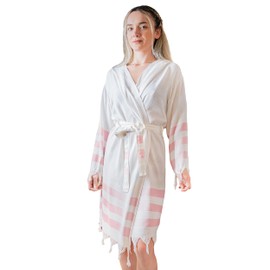 Loomvia Women's Cotton & Bamboo Bathrobe, L, Soft and Silky, Lightweight Dressing Gown with Hood, Sauna Gown Women, Breathable, Ideal for Spa, Sauna, Bride & Home, Blue, pink, S