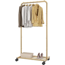 Simple Trending Standard Clothes Garment Rack, Clothing Rolling Rack with Mesh Storage Shelf on Wheels, Golden Yellow