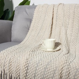 Knit Throw Blanket for Couch Farmhouse Lightweight Soft Cozy Throw Blanket with Fringe Decorative Rustic Small Lap Blanket Throws and Blankets for Bed 50 x 60 Inch, Modern Cable Knit Beige