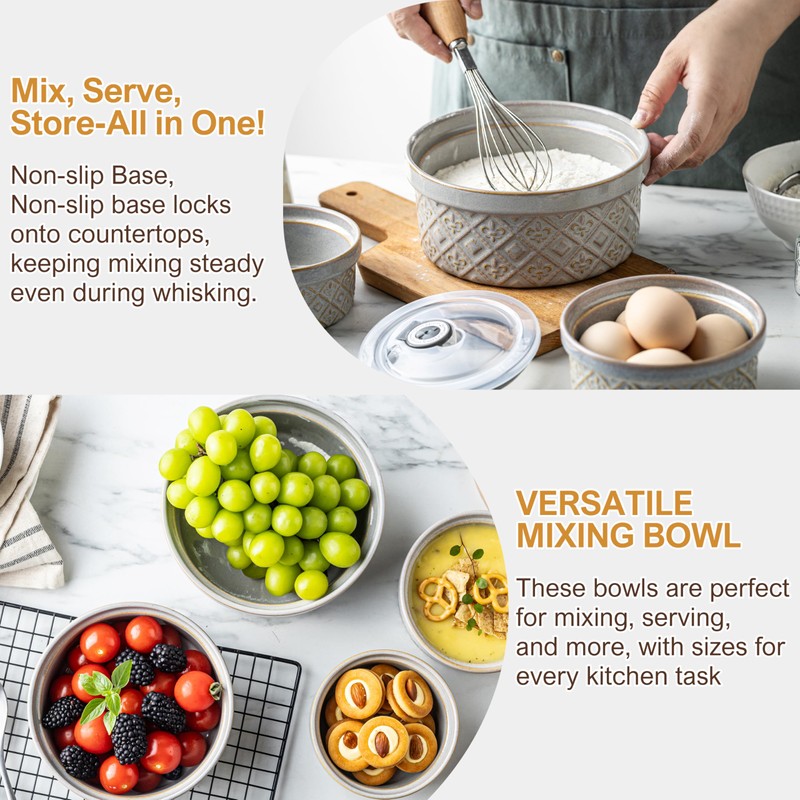MISSYSSIM Ceramic Mixing Bowls with Lids Set of 4, Embossed