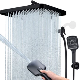V-Frankness Shower Heads with Handheld Spray Combo, 13 Inches Rain Shower Head with 4 Mode Handheld Wand, and 13 Inches Adjustable Extension Arm, 3 Way Diverter Valve, Extra Long Hose (Matte Black)