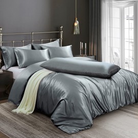 Ersmak 6 Pieces Satin Duvet Cover King Size Luxury Silky Bedding Duvet Cover Set with 1 Soft Duvet Cover, 4 King Pillowcases and 1 Body Pillowcase, Grey