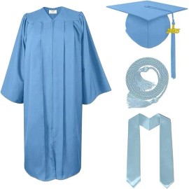 Matte Graduation Cap and Gown with Graduation Honor Cords, Plain Stole, and 2025 Tassels for High School and BachelorSize: 63"FF, Color: sky blue